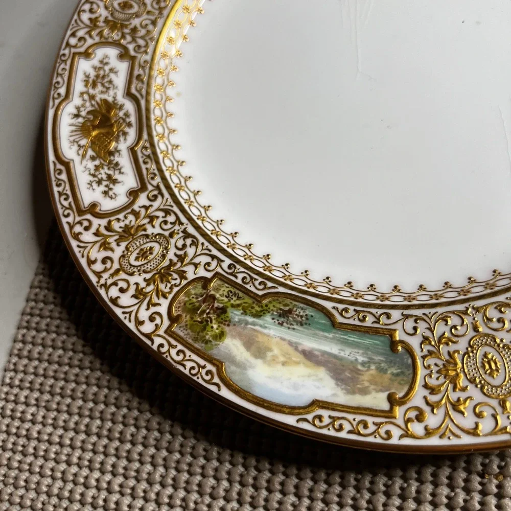 Antique Coalport Hand Painted Landscape Gold Encrusted Porcelain Cabinet Plate